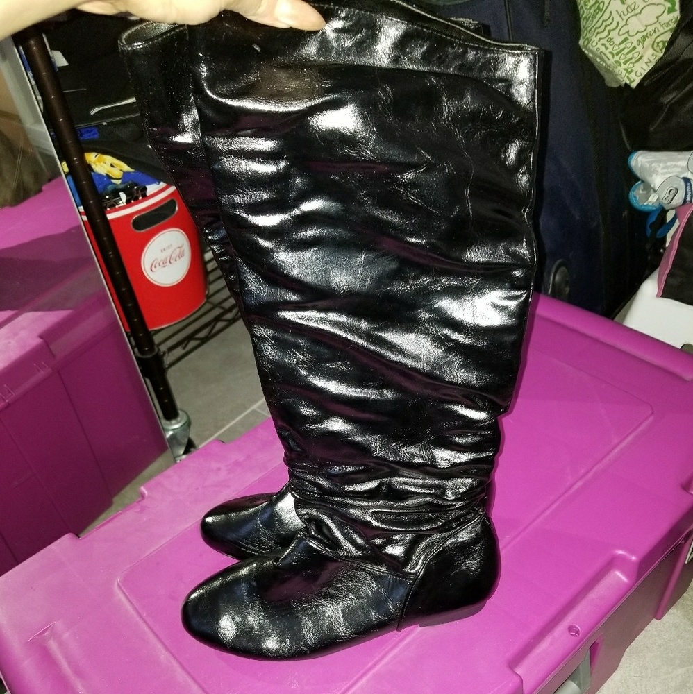 Women's black patent leather like knee high boots